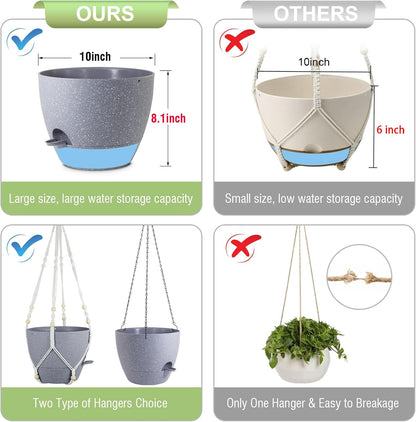 Self Watering Hanging Planters 10 inch, 2 Pack Hanging Flower Pots for Indoor Outdoor Plants, Hanging Baskets with Drainage Holes & 2 Kinds of Plant Hangers for Garden Decor, Speckled Grey