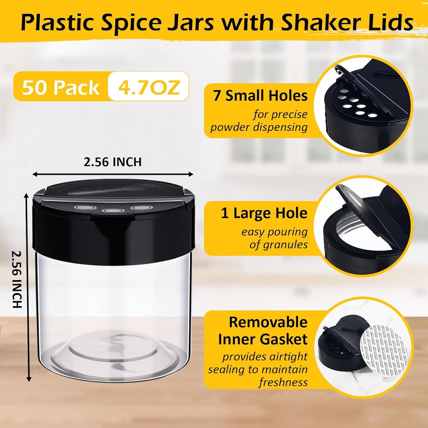 50 Pack 4.7 oz Plastic Spice Jars with Black Cap Empty Clear Plastic Spice Bottle Containers Reusable Seasoning Jars with Shaker Lids for Kitchen Storing and Dispensing Salt Powders