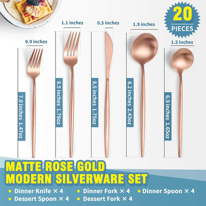 Matte Rose Gold Silverware Set for 4,Modern Stainless Steel Brushed Cutlery Set,20-Pieces Heavy Duty Flatware Set,Knives Spoons and Forks Set Utensils Set, Satin Finish, Dishwasher Safe