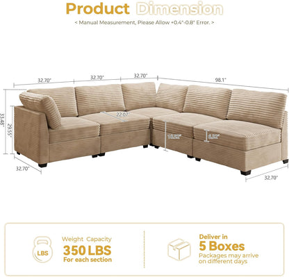 HOOOWOOO Modular Sectional Sofa,5 Pieces Sectional Couches for Living Room,98X98 L Shaped Cloud Couch Set(Beige Velvet Corduroy)