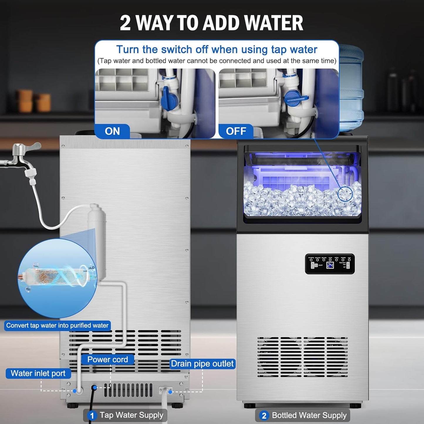 Commercial Ice Maker Machine 120 LBS/24H, 40 Ice Trays Freestanding & Undercounter Ice Machine Stainless Steel with 20 LBS Ice Storage Capacity, Ice Maker with Water Line and Filter, Dual Water Inlet