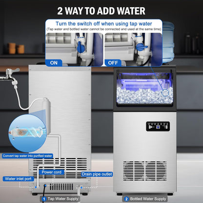 Commercial Ice Maker Machine 120 LBS/24H, 40 Ice Trays Freestanding & Undercounter Ice Machine Stainless Steel with 20 LBS Ice Storage Capacity, Ice Maker with Water Line and Filter, Dual Water Inlet