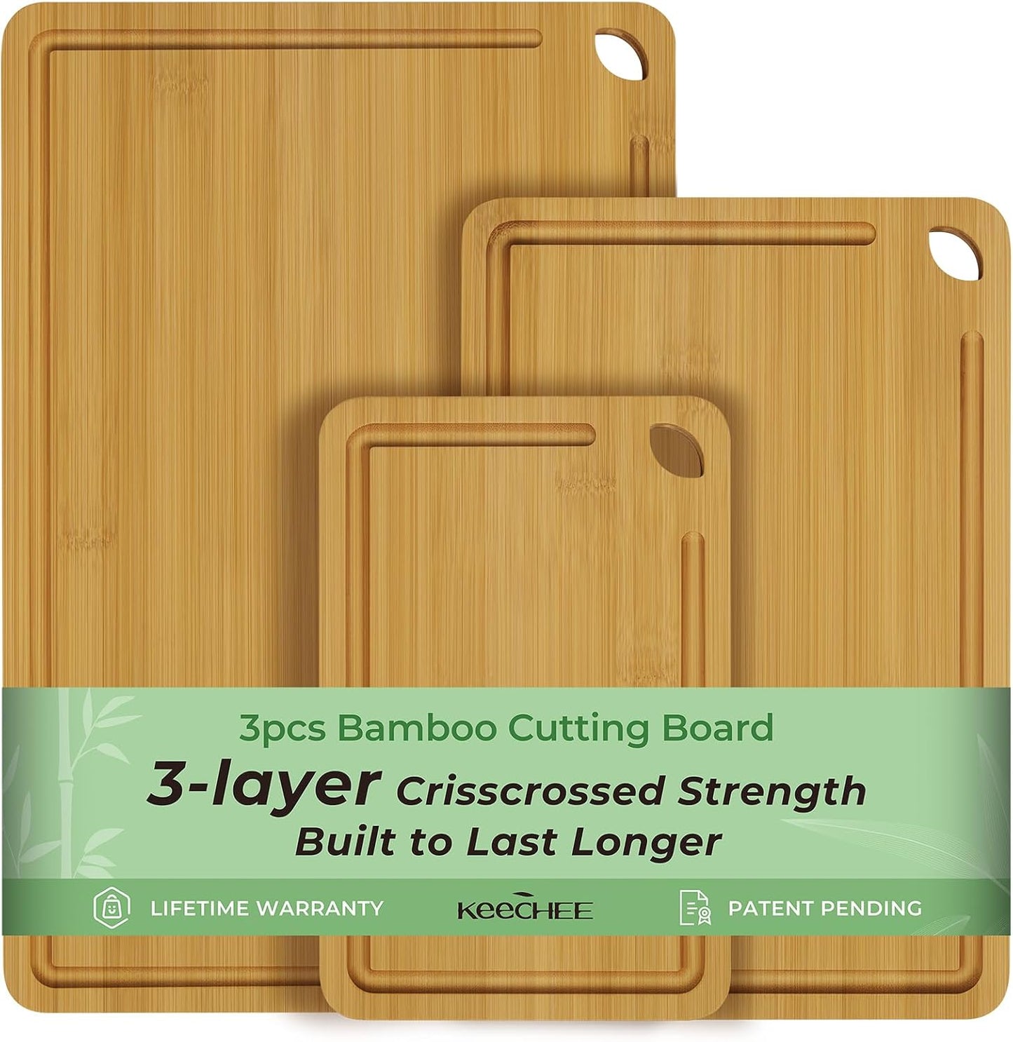 Wood Cutting Board for Kitchen - Reversible Bamboo Cutting Boards Gift Set of 3 with Juice Groove, Wooden Chopping Board for Meat, Fruit, Vegetables & Cheese (Pre Oiled, Natural)