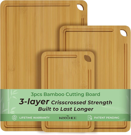 Wood Cutting Board for Kitchen - Reversible Bamboo Cutting Boards Gift Set of 3 with Juice Groove, Wooden Chopping Board for Meat, Fruit, Vegetables & Cheese (Pre Oiled, Natural)