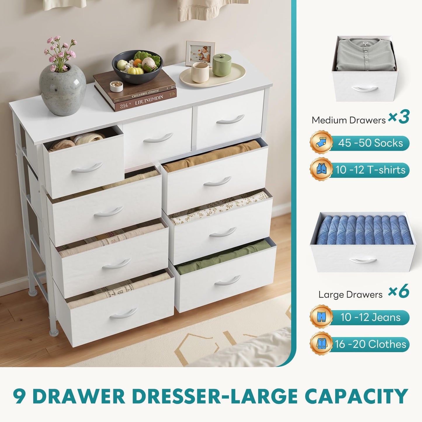 OLIXIS 9 Drawer Dresser for Bedroom, Closet Organizers and Storage, White