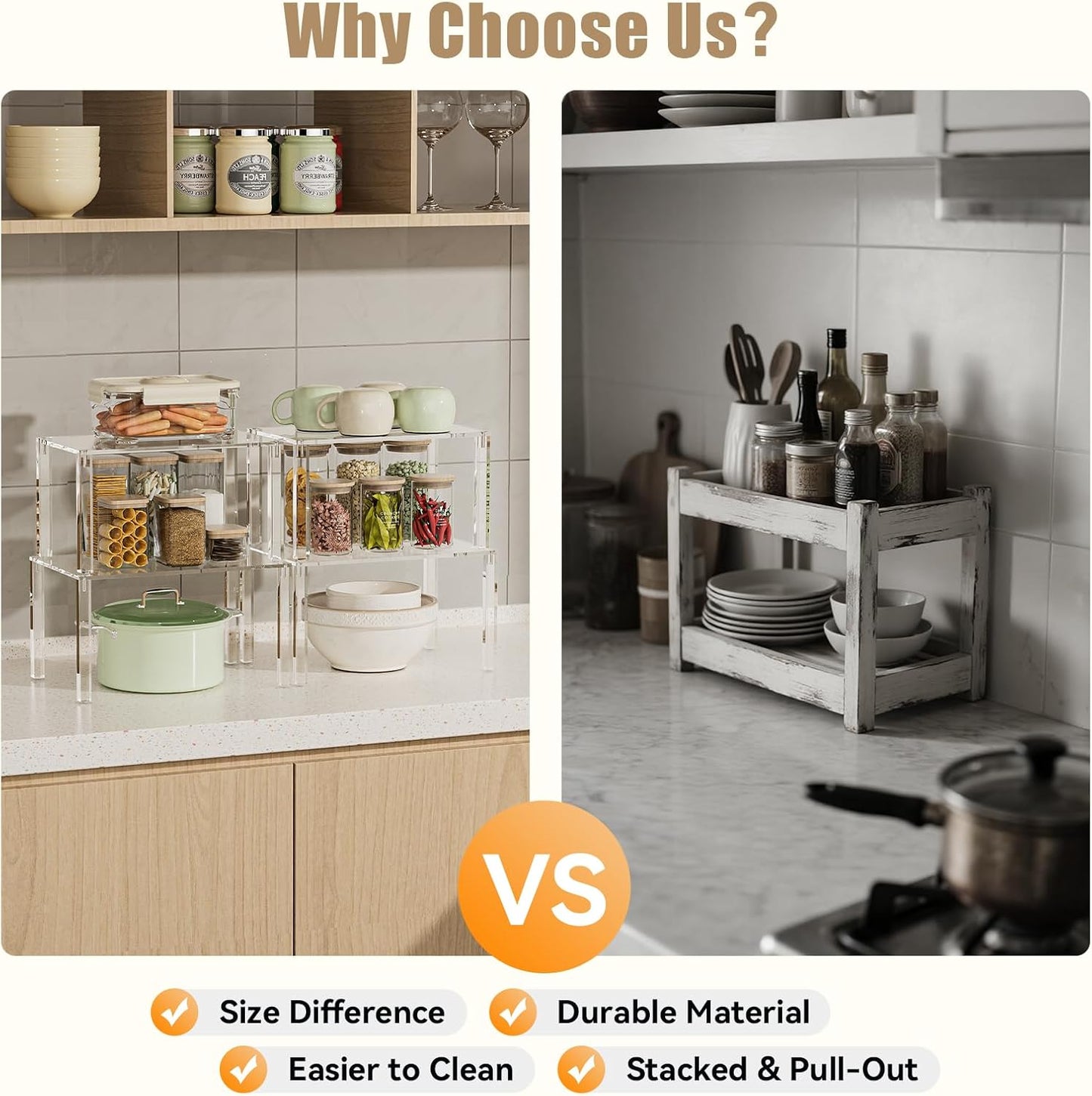 Clear Cabinet Organizer: Acrylic Shelf Riser Set of 4 for Kitchen Pantry Organizers and Storage - Countertop Spice Rack for Cabinet - Stackable Display Shelf Decor for Gift