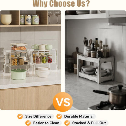 Clear Cabinet Organizer: Acrylic Shelf Riser Set of 4 for Kitchen Pantry Organizers and Storage - Countertop Spice Rack for Cabinet - Stackable Display Shelf Decor for Gift