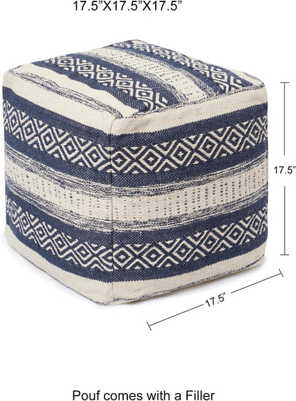 REDEARTH · Tufted Pouf Ottoman with Filler Textured Storage Cube Bean Bag Pouffe Footrest for Living Room, Bedroom, Nursery, Home Decor; 100% Cotton (17.5"X17.5"X17.5", Indigo Impressions)