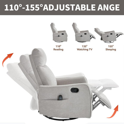 Manual Swivel Rocker Recliner Chair for Adults, Overstuffed Reclining Glider Chair for Nursing with Vibration Massage & Heat, Living Room Rocking Recliner 2-Stage backrest, Chenille Fabric Light Gray