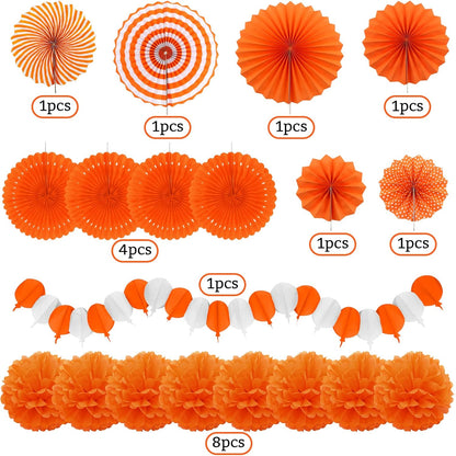 Orange Party Decorations, Papar Fans Pompoms Fans Garlands for Halloween Birthday Bridal Baby Shower Wedding Graduation Spring Festival Party Decorations