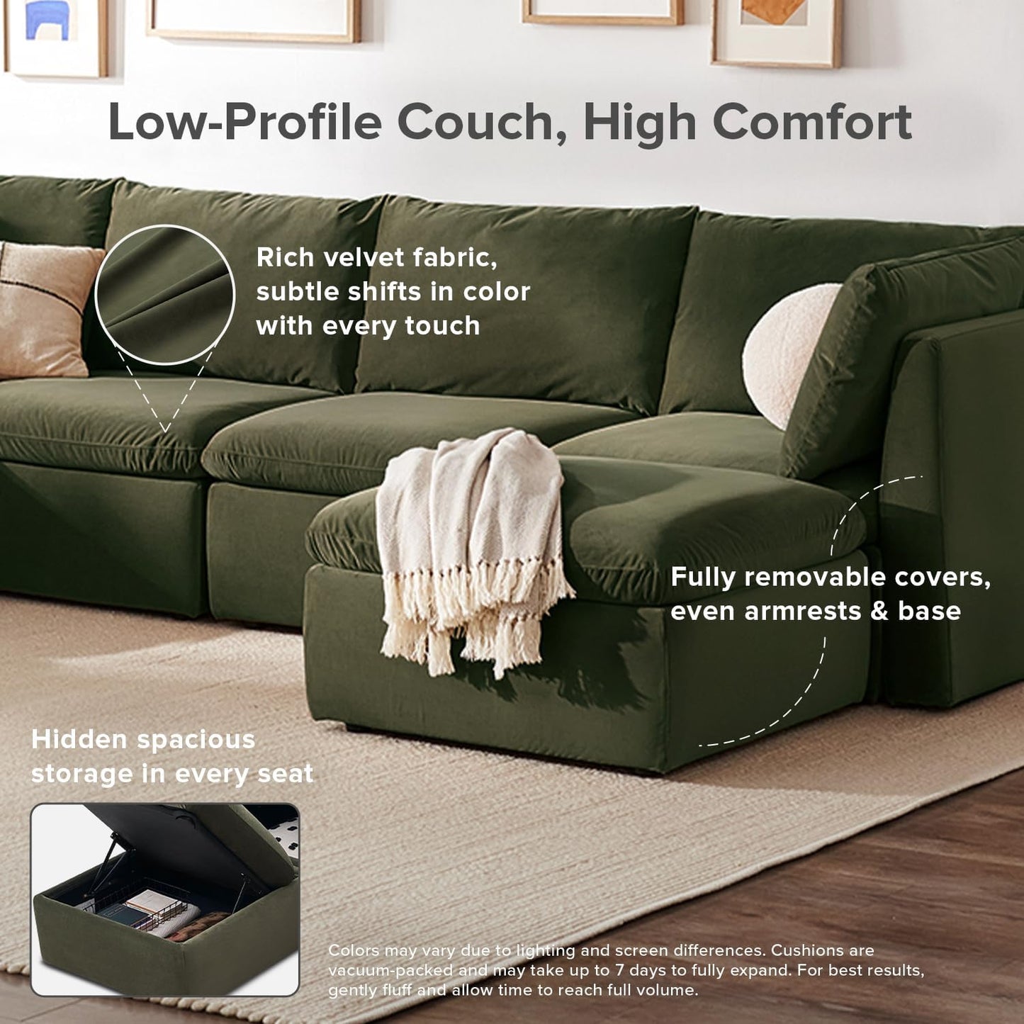 mopio Oversized Modular Sectional Sofa with Fully Removable Covers and Storage, Convertible U, L-Shaped and Sleeper Sectional, Modern Couches with Ottoman Chaise (Olive Green Velvet, Loveseat)