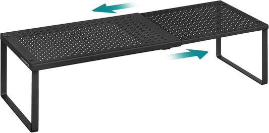 SONGMICS Spice Rack, Expandable Kitchen Countertop Shelf, Small Cupboard Organizer, Metal, Space-Saving Tabletop Shelf, Matte Black UKCS007B01