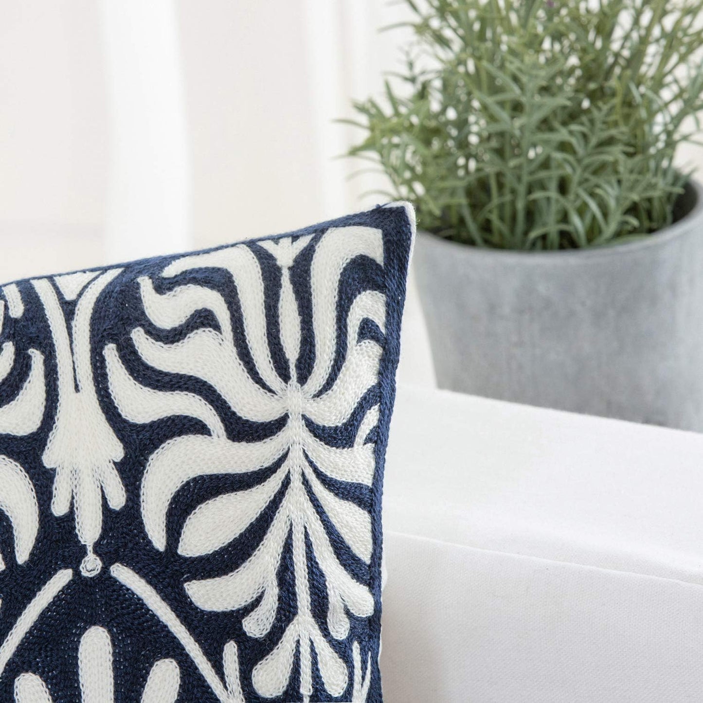 HWY 50 Navy Blue Decorative Lumbar Pillow Cover Rectangle 12x20 Inch (1 Piece), Embroidered Cotton Farmhouse Cushion Cover Pillow Case for Sofa Couch Living Room Bed, Minimalist Floral