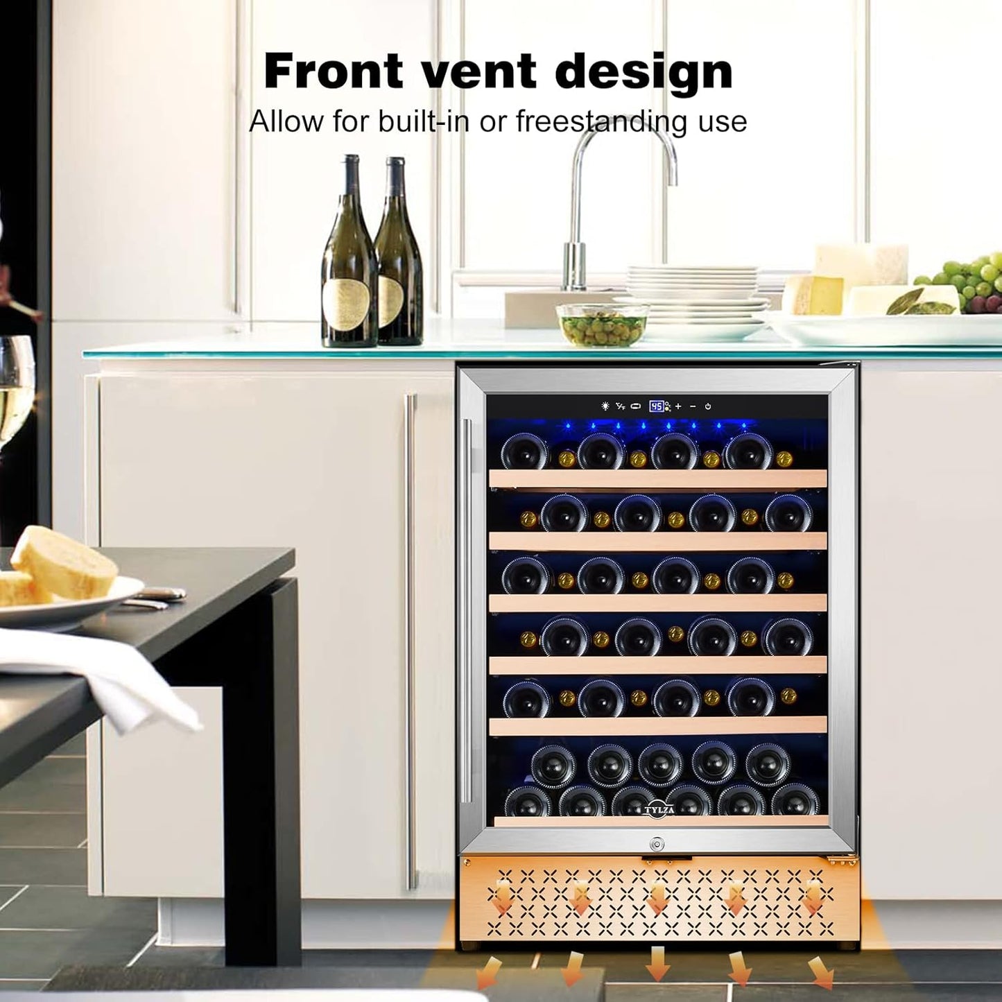 Tylza 24 Inch Wine Cooler Refrigerator, 51 Bottle Built-in or Freestanding, 24'' Fridge with Stainless Steel & Double Layer Tempered Glass Door and Temperature Memory Function