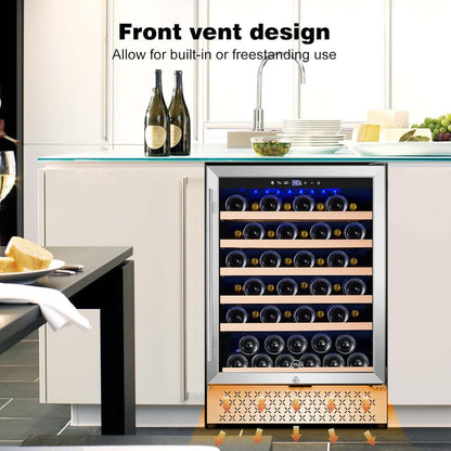 Tylza 24 Inch Wine Cooler Refrigerator, 51 Bottle Built-in or Freestanding, 24'' Fridge with Stainless Steel & Double Layer Tempered Glass Door and Temperature Memory Function