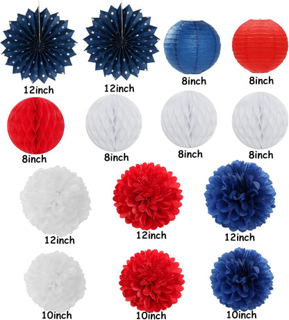 Fourth-4th of July-Imemorial Party-Decorations Lanterns - 14pcs Red White Blue Graduation Paper Streamers Fan,Tissue Pom Poms Streamer,Honeycomb Balls,USA Patriotic America Independence Decor Ouruola