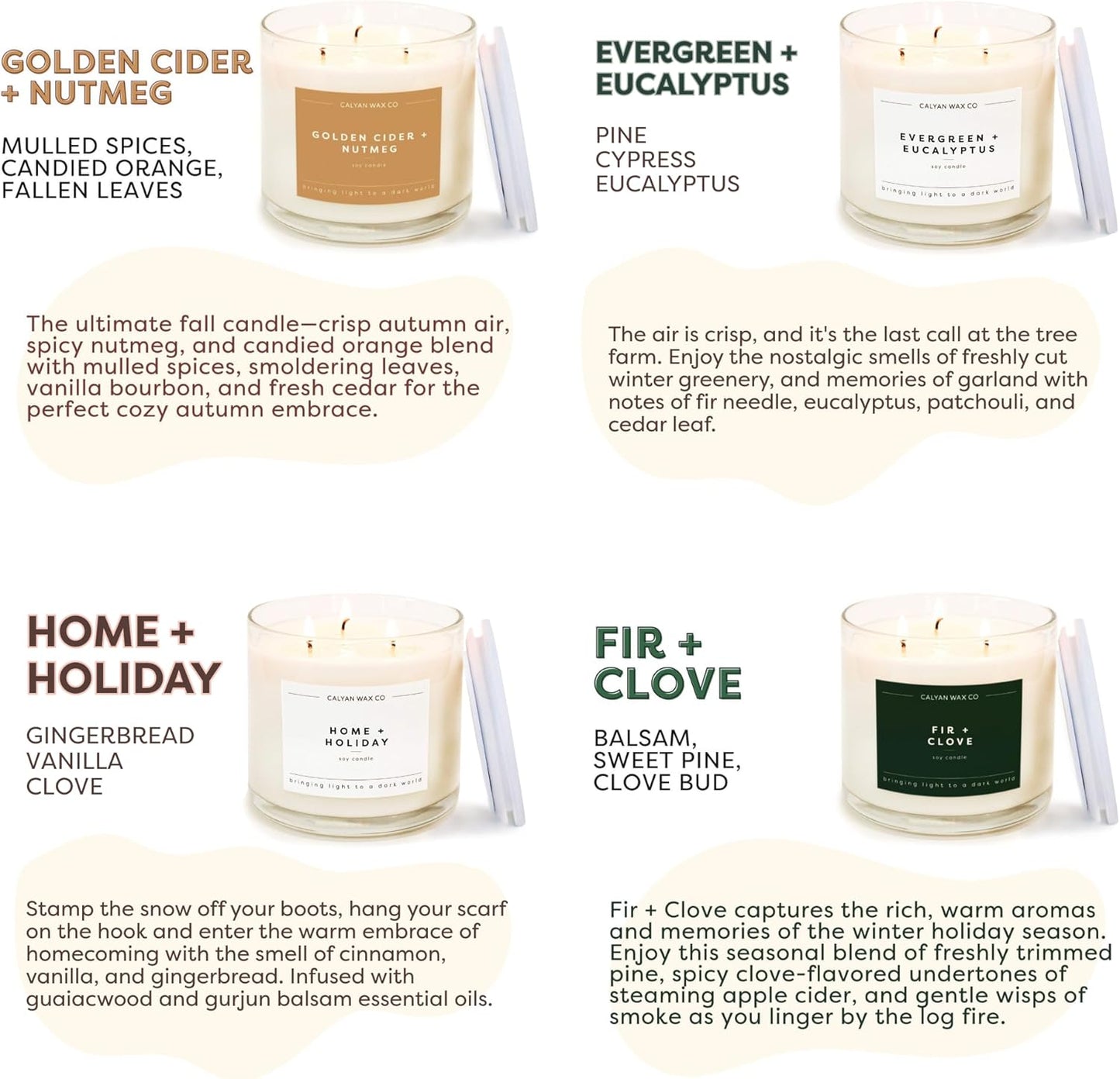 Calyan Wax Co. Holiday Scented Candle Set, Holiday Bundle of 4 Scented Candles, Bulk 3 Wick Candles, Non Toxic & Vegan Soy Wax, Candle Gift Set, 43 Hour Burn Time, 14.9oz Each