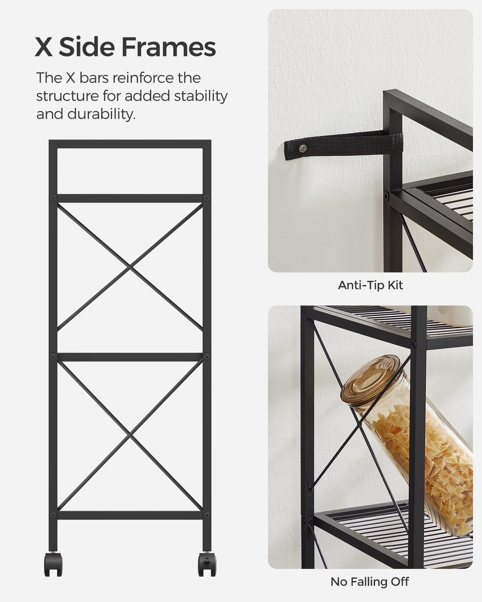 SONGMICS 3-Tier Metal Storage Rack with Wheels, Mesh Shelving Unit with X Side Frames, 23.6-Inch