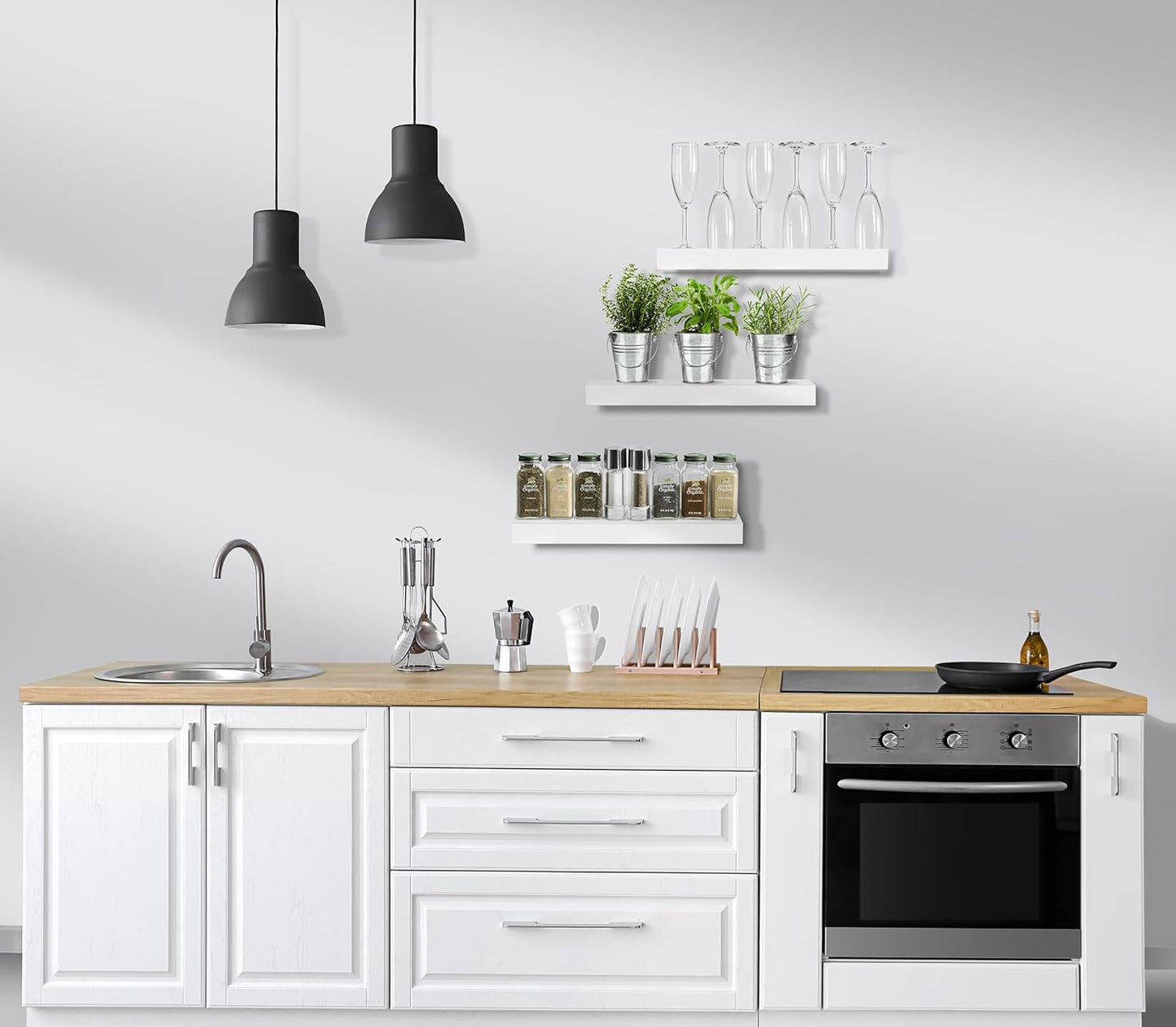 Sorbus Floating Shelves for Wall, Bathroom Shelves Wall Mounted for Kitchen, Bedroom, Bathroom Storage Over Toilet, Hanging Book Shelf for Wall Home Decor Living Room (White, 3 Pack)