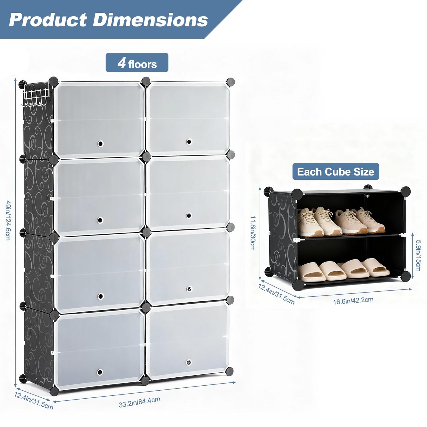 DUMOS 8-Tier Shoe Storage Cabinet with Door, Stackable, 32 Pairs, Black