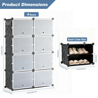DUMOS 8-Tier Shoe Storage Cabinet with Door, Stackable, 32 Pairs, Black