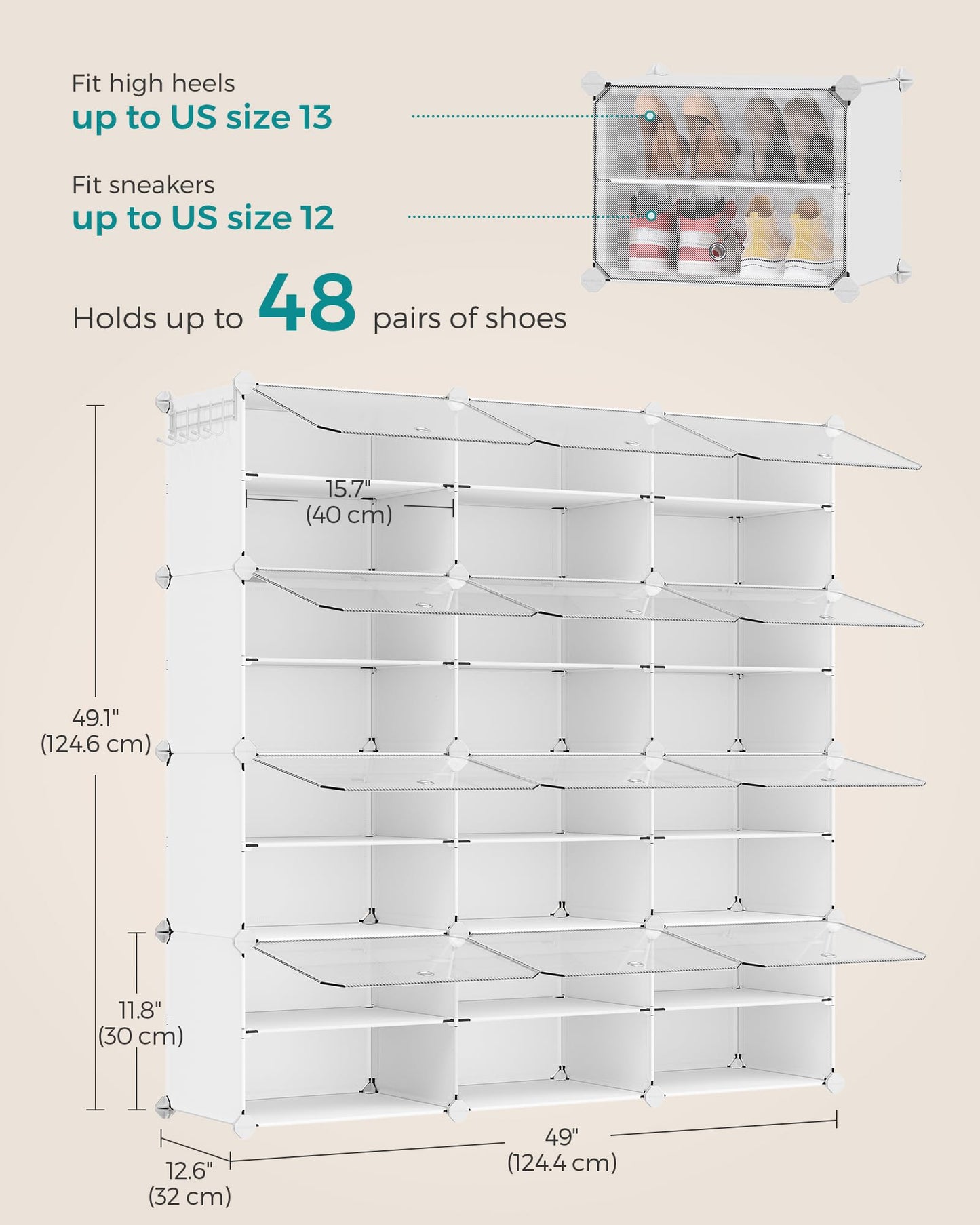 SONGMICS Shoe Rack, 12-Tier with Doors, 48-Pair Storage Cabinet