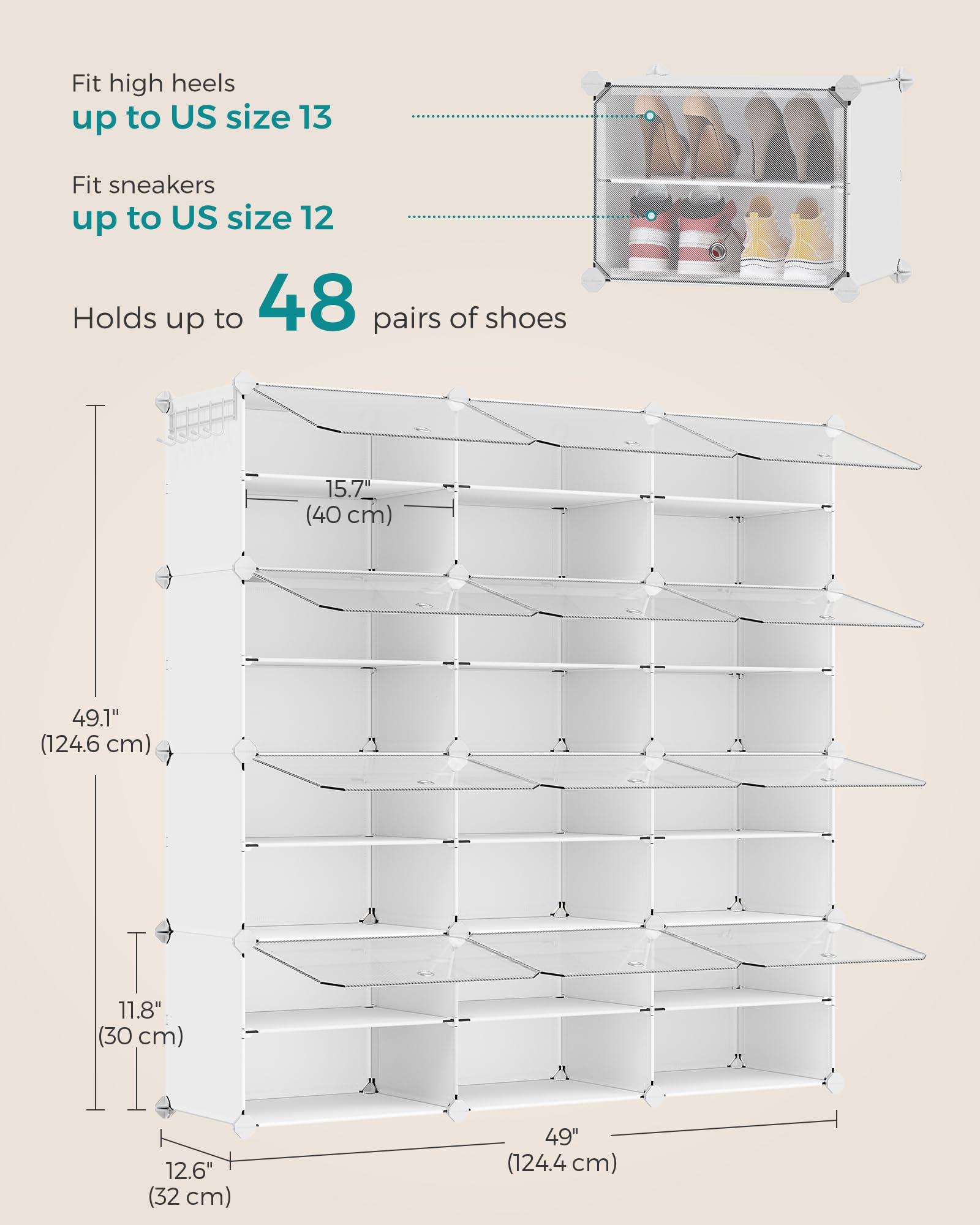 SONGMICS Shoe Rack, 12-Tier with Doors, 48-Pair Storage Cabinet