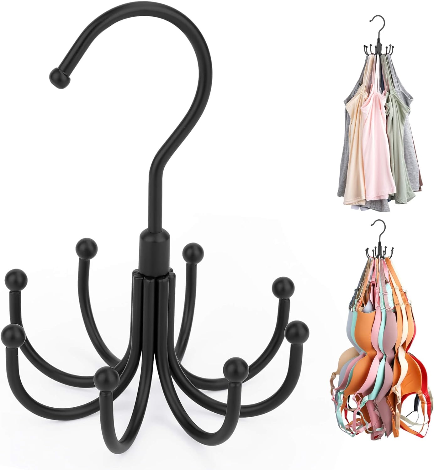 ZEDODIER Tank Top Hanger, Rotatable Bra Organzier for Closet, Max 24 Storage Capacity Sport Bra Holder, Metal Space Saving Closet Organizers and Storage, Black