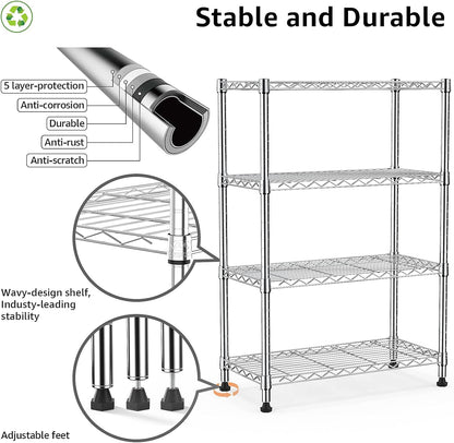 1000 lbs Storage Shelving Steel Heavy Duty 4-Tier Utility Shelving Unit Steel Organizer Wire Rack for Home,Kitchen,Office,Chrome (13.7" D x 29.5" W x 47.2" H)