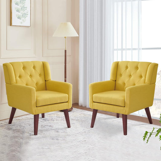 Accent Chair Button-Tufted Upholstered Living Room Chairs Comfy Reading Chair Mid Century Modern Chair with Linen Fabric Lounge Arm Chairs for Living Room Bedroom (Yellow Set of 2)
