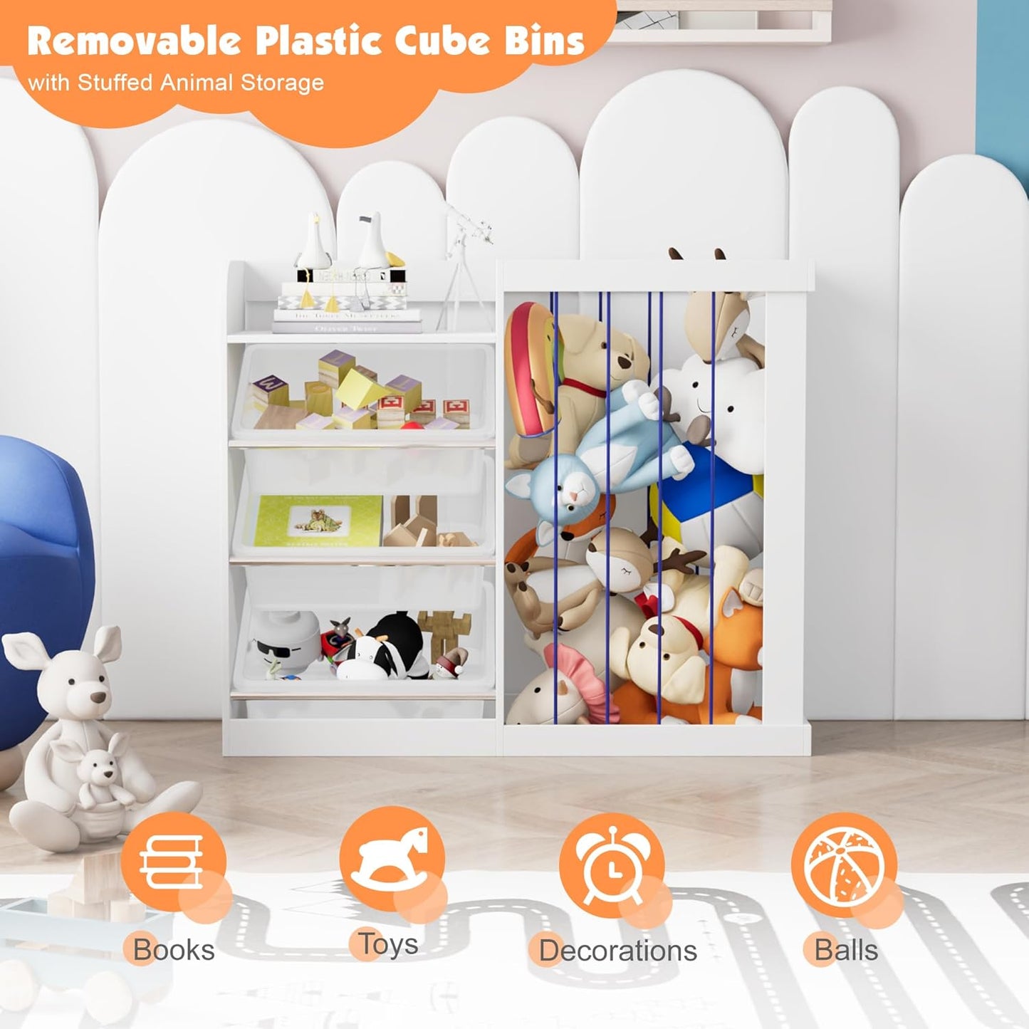 Kids Toy Storage Organizer with 3 Removable Plastic Bins Toddler Montessori Bookshelf with Stuffed Animal Net Holder Baby Bookcase Plush Organizer for Playroom,Bedroom,Kids Room,Classroom,Nursery