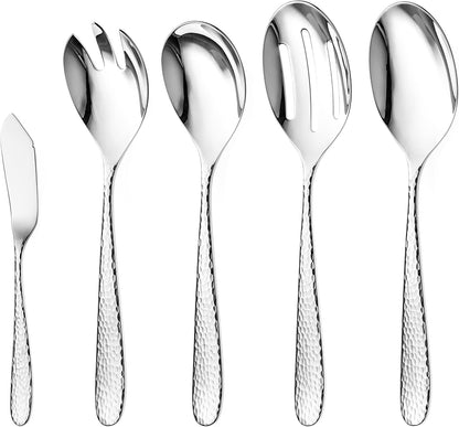 Hammered Serving Utensil Set, 18/10 Stainless Steel Serving Spoons, Salad Servers, Butter Knives, Mirror Finish, Dishwasher Safe, Elegant and Durable (10-Piece Serving Set, Fidenza Hammered)