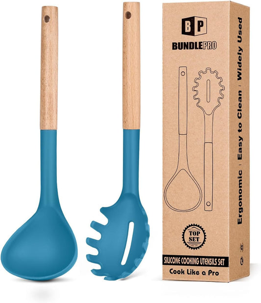 Silicone Pasta Fork and Ladle Spoon Set with Wooden Handle, Heat Resistant Non Stick Kitchen