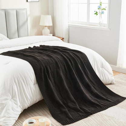 CozeCube Check Knit Throw Blanket, Jet Black Checkered Throw for Couch, Decorative Christmas Soft Cozy Warm Knitted Blanket for Bed Sofa Living Room, 60"X80"