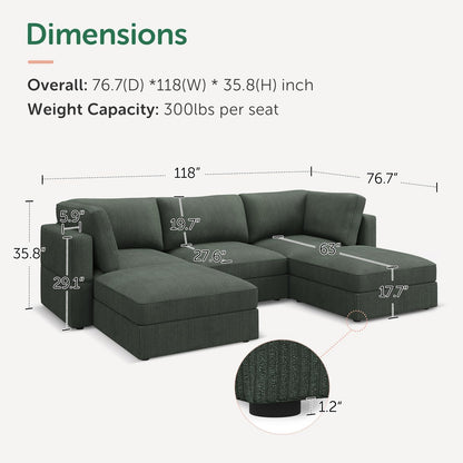 HONBAY Modular Sectional Sofa with Storage Corduroy U Shaped Sofa Modular Sectional Couches for Living Room,Green
