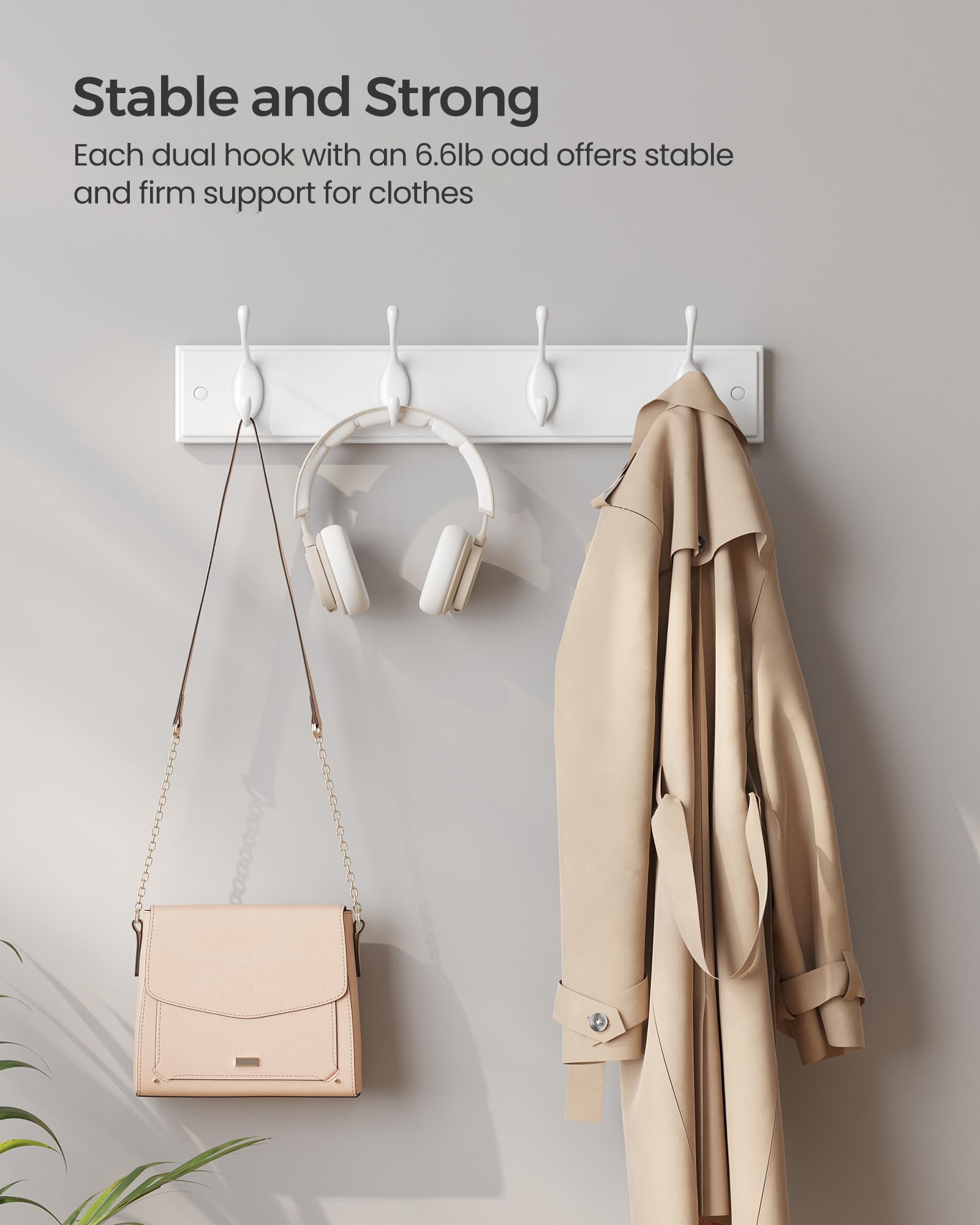 SONGMICS Wall-Mounted Coat Rack, Hook Rack, 8 Dual Metal Hooks, White