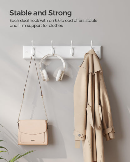 SONGMICS Wall-Mounted Coat Rack, Hook Rack, 8 Dual Metal Hooks, White