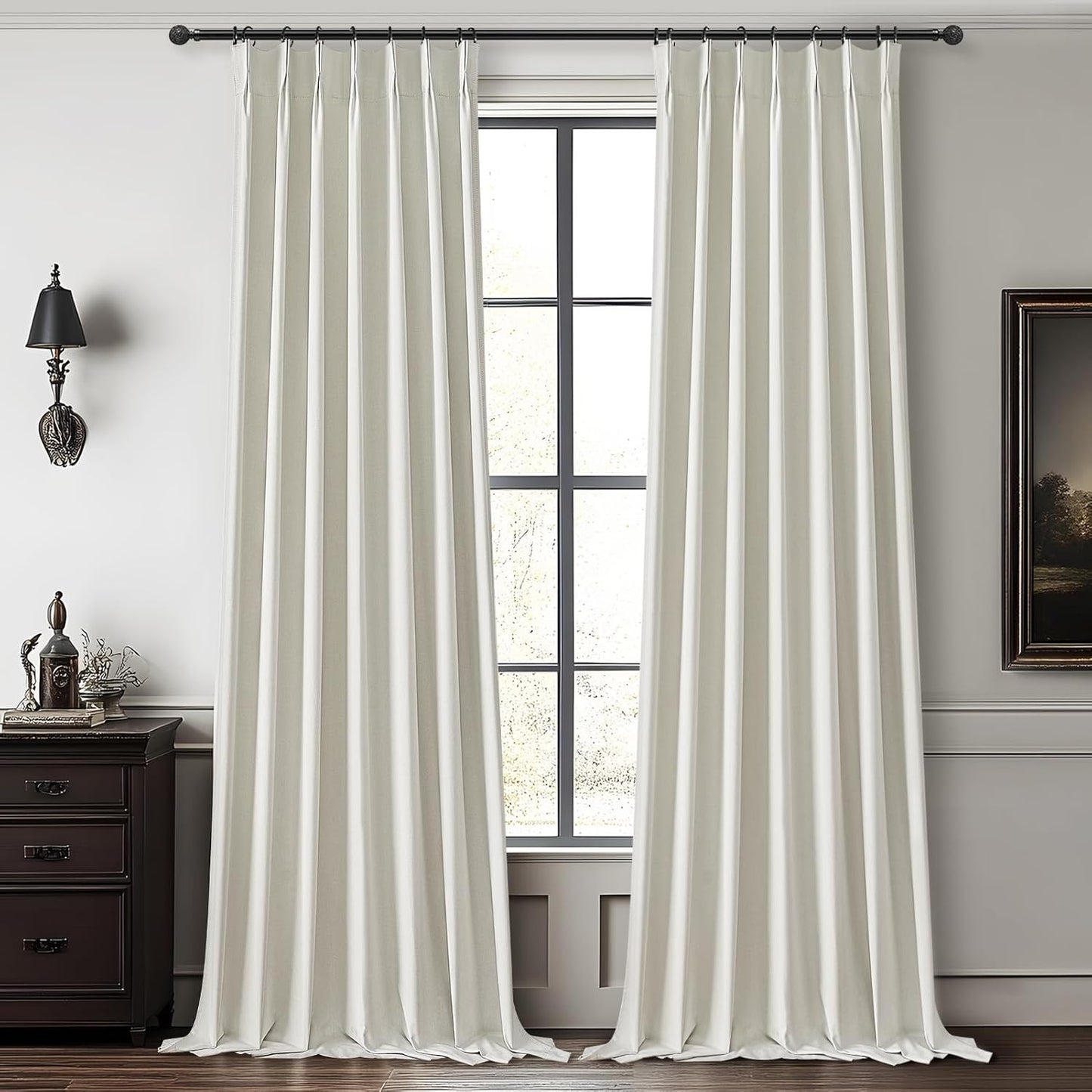Unique Cream 105 Inch Large Window Blackout Curtains 2 Panels Set Floor to Ceiling Track, Linen Textured Pinch Pleated Drapes Hooks & Back Tab for Bedroom Thermal (40" Wx105 Lx2 Panels)