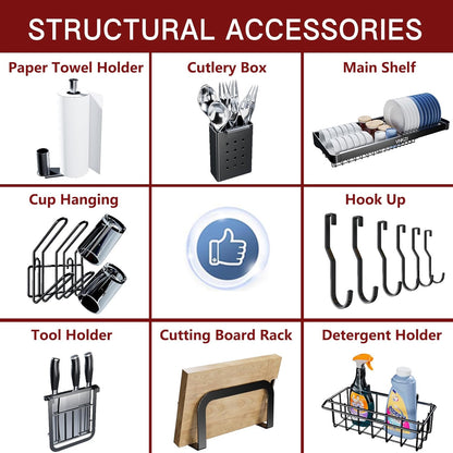 VNKZI Over Sink Dish Drying Rack, 2 Tier Full Stainless Steel Storage Adjustable Length (25.98'' to 36.61'') Kitchen Rack, Multifunctional Expandable Counter Organizer, Space Saver Dish Rack