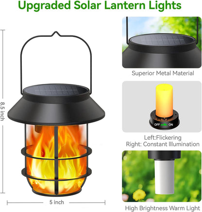 Solar Lanterns Outdoor Waterproof, Upgraded Flickering Flames Hanging Solar Lights for Outside with Wall Hooks, Halloween Decor Retro Metal Outdoor Lanterns Auto On/Off for Patio, Yard Decor