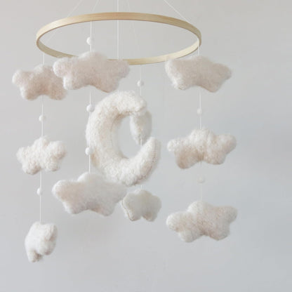 Boucle Cloud Moon Crib Mobile Boho Baby Mobile for Crib Neutral Nursery Mobile for Boys & Girls