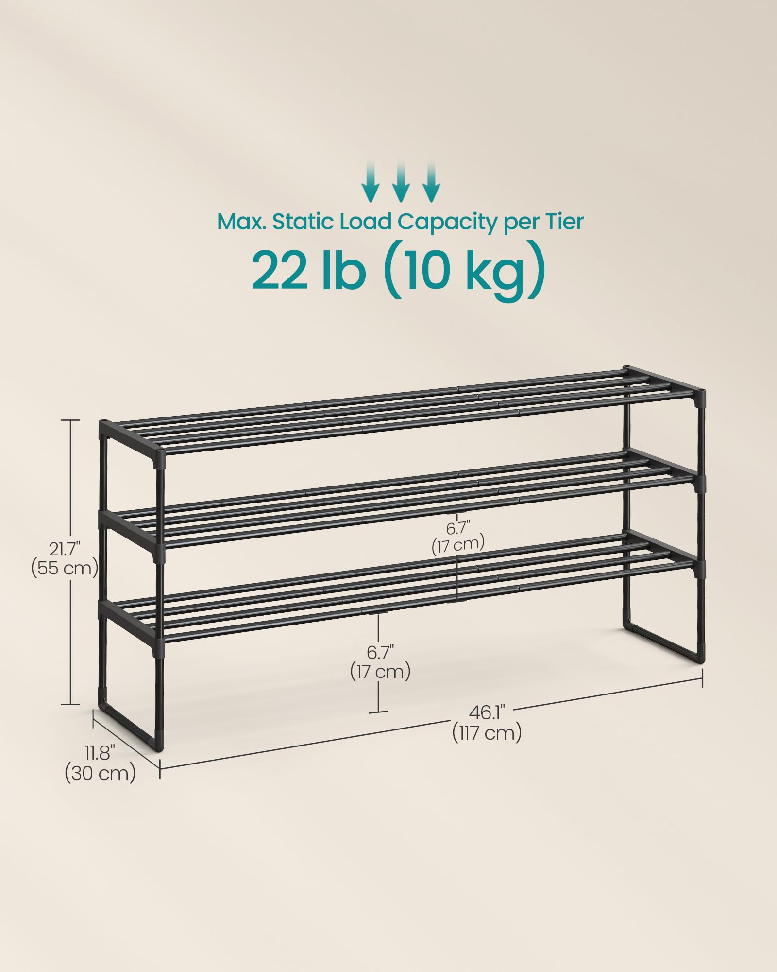 SONGMICS Shoe Rack, 3-Tier Shoe Organizer, Metal Storage Shelf, Upright or Upside Down, for 20-24