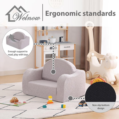 Welnow 2-in-1 Kids Sofa Chair, Convertible Toddler Chair Flip Out Children Sofa Chair with Wave Armrests Folding Kids Play Sofa with Side Pockets & Removable Cover Armchair for Girl or Boy