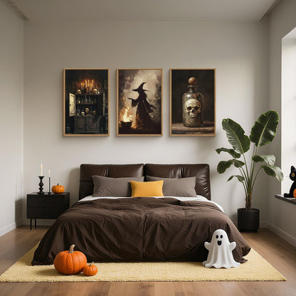 HPNIUB Halloween Witch Framed Canvas Wall Art Set, Terrifying Skeleton Poster Artwork, Vintage Halloween Wall Decor, Dark Academia Gothic Pictures for Bedroom Living Room Bathroom Party-16 x24 x3