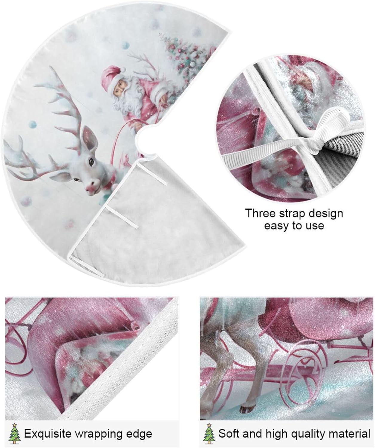 Christmas Tree Skirt - 36 Inch Santa Claus Pink Reindeer Xmas Tree Mat for New Year Party Decorations