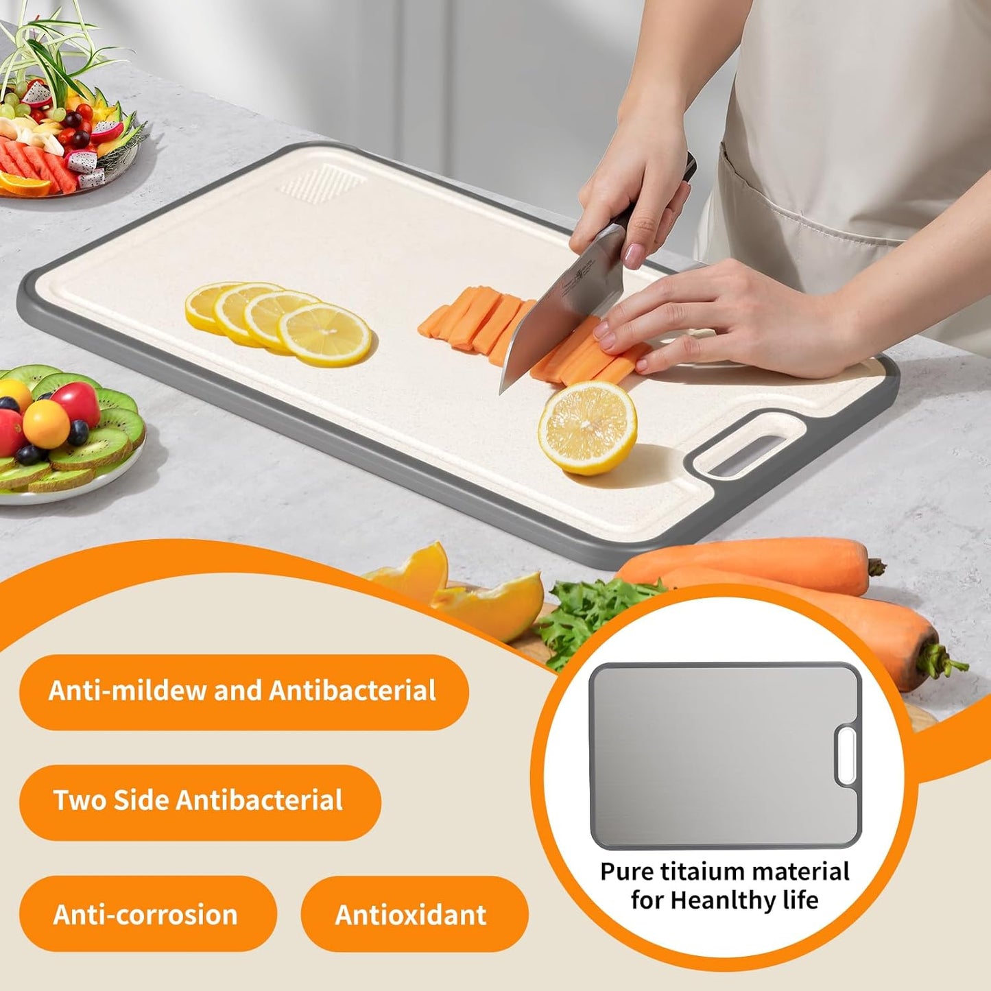 Titanium cutting boards for Kitchen,Double Sided Food Grade,Pure Titanium and Wheat Straw PP, Double Chopping Boards for Meat and Fruits Easy to Clean Size 15’’x10’’