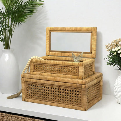 Rattan Box for Home Decor with Lid - Rectangular Coastal Bohemian Style Stackable Decorative Storage Box Set - Handmade from Natural Rattan, Cedar & Real Glass