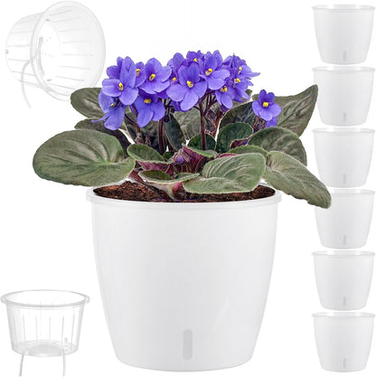 Self Watering Pots for Indoor Plants, 6-Pack 6.7'' Self Watering Planter with Drainage Holes, Small African Violet Pots with Water Indicator, Clear Wick Orchid Pot, White