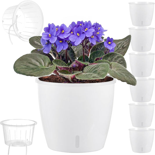 Self Watering Pots for Indoor Plants, 6-Pack 6.7'' Self Watering Planter with Drainage Holes, Small African Violet Pots with Water Indicator, Clear Wick Orchid Pot, White