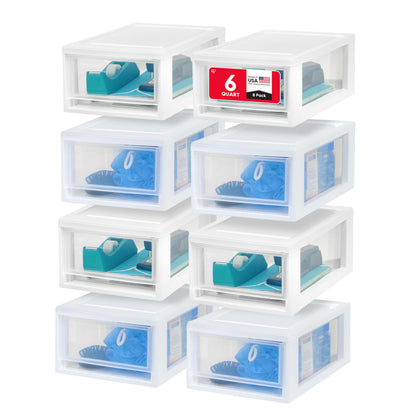 IRIS USA 8-Pack, 6 Qt. Small Stacking Drawer Storage Organizer, White